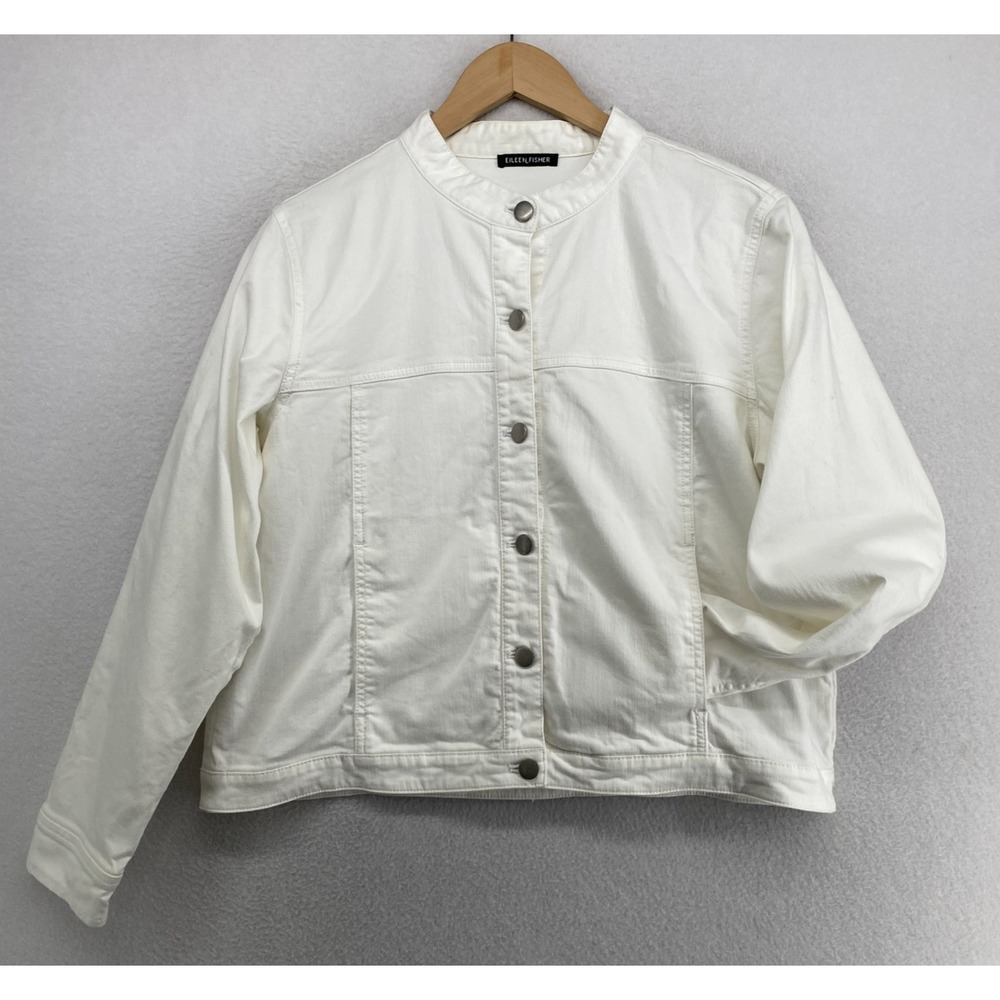 EILEEN FISHER Jacket L Garment Dyed Organic Cotton Stretch Denim Button Up White